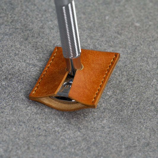 Double Edge Razor in a Vegetable Tanned Leather sheath